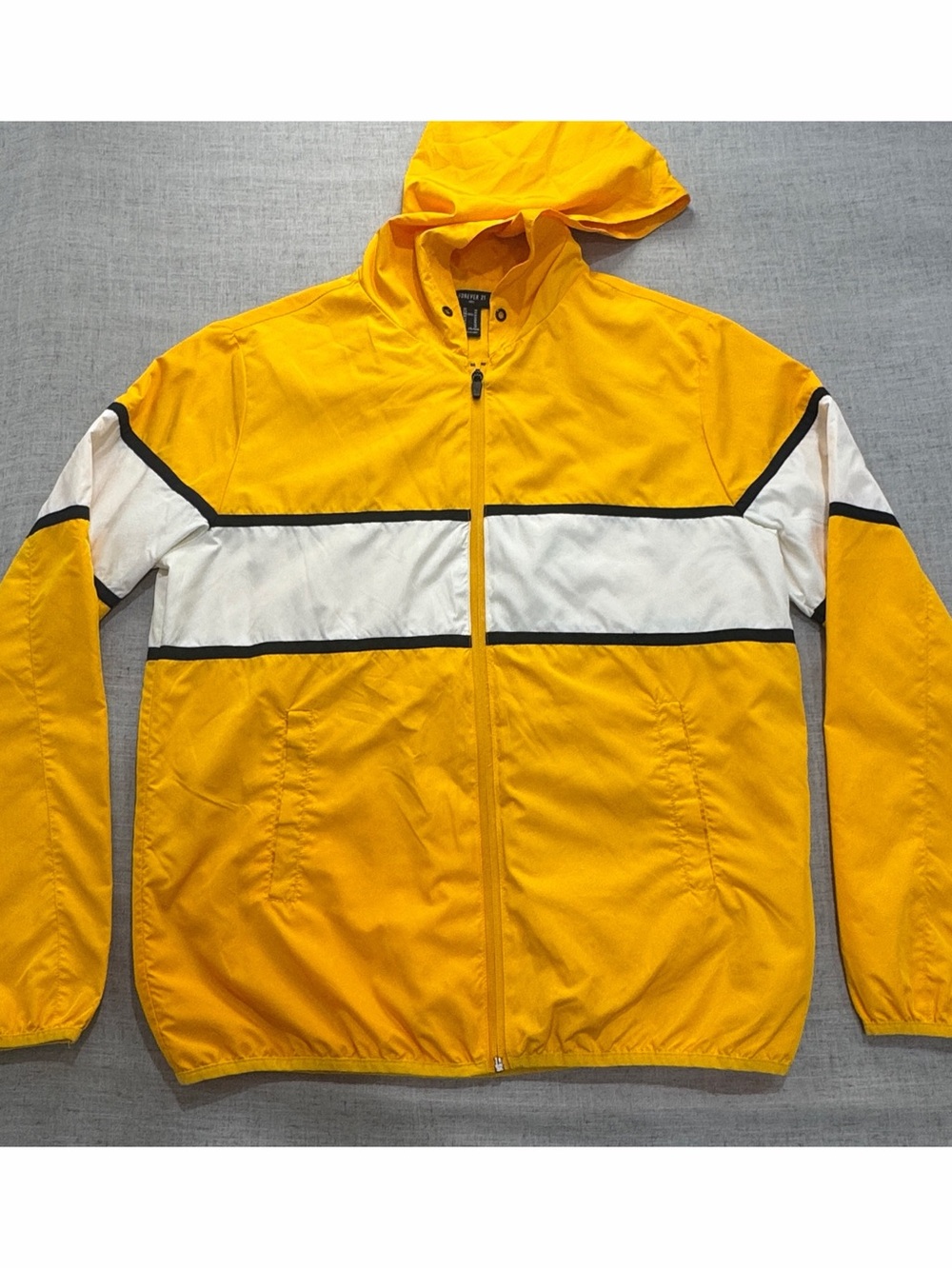 Forever 21 Yellow Hooded Windbreaker with White and Black Panels